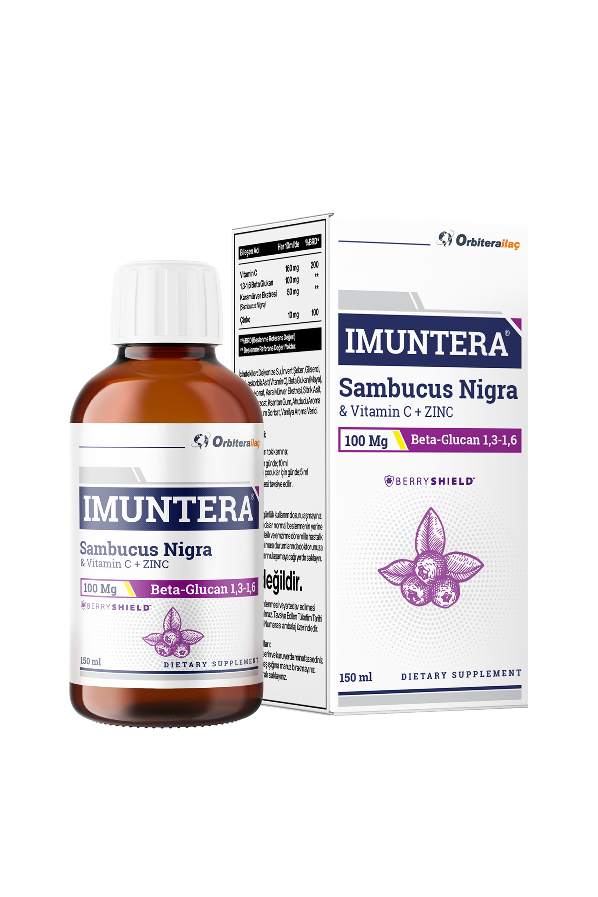 Orbitera İlaç İmuntera Kara Mürver Ekstresi, Beta Glukan, Çinko, Vitamin C İçeren Takviye Edici Gıda