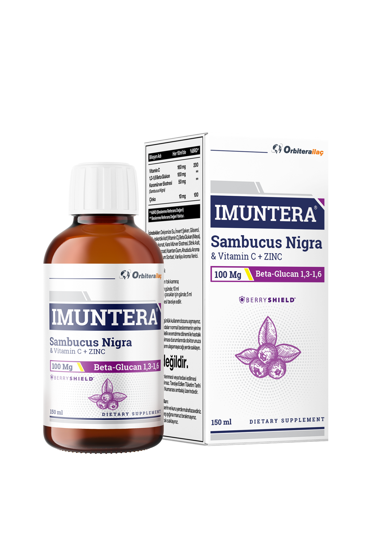 Orbitera İlaç İmuntera Kara Mürver Ekstresi, Beta Glukan, Çinko, Vitamin C İçeren Takviye Edici Gıda